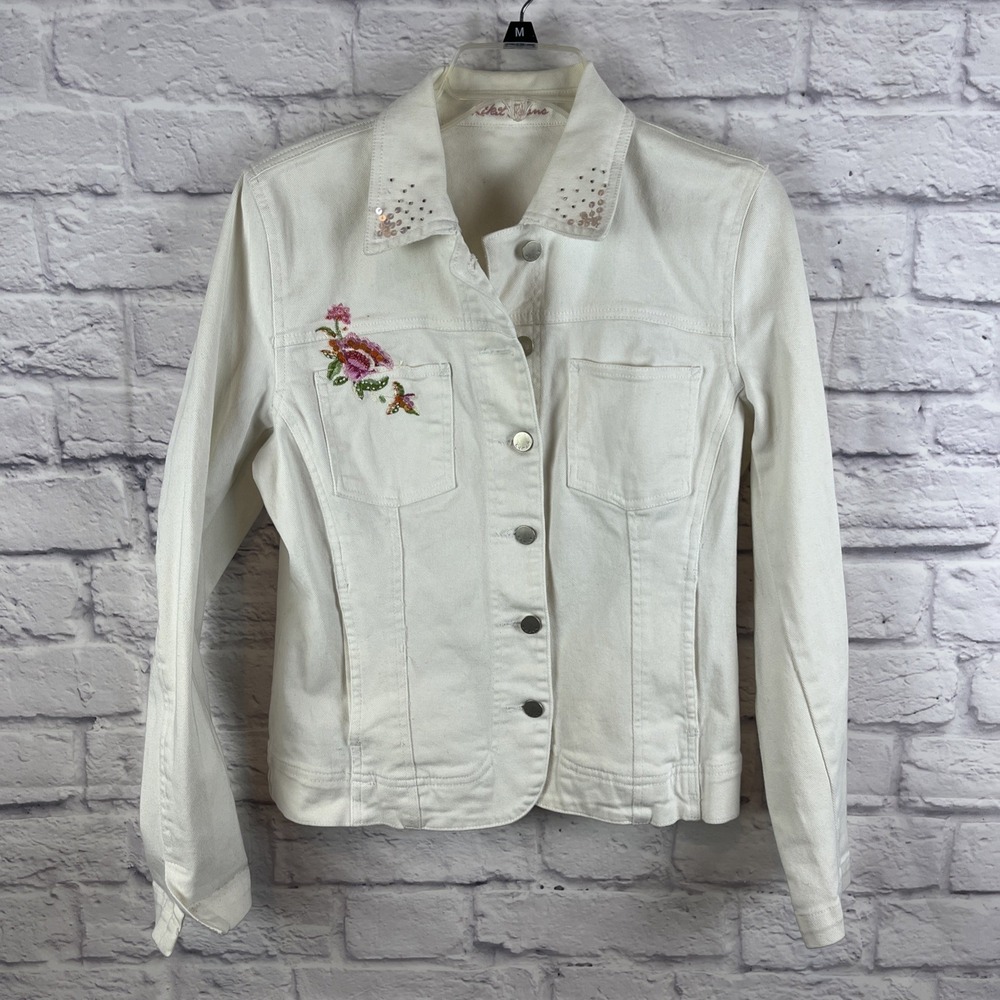 Kikit Y2K Country Western Floral Embroidered White Denim Jean Jacket Size M